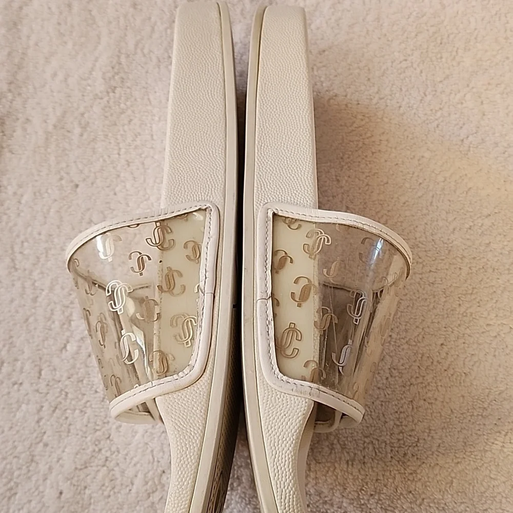 Jimmy Choo Womens White Slide Sandals With Clear Gold JCs Size 9 Preowned - Picture 6 of 12